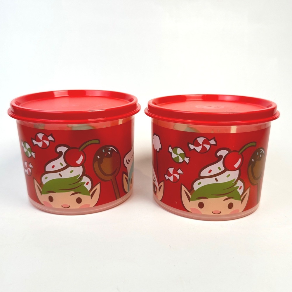 Tupperware Christmas Elf Snack Cups Set of 2 Red Holiday Food Storage 4623B-3